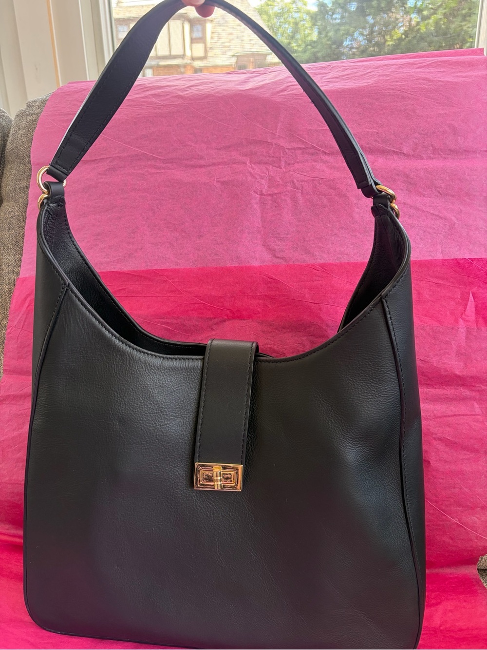 Black Genuine Leather Bag with Gold Hardware